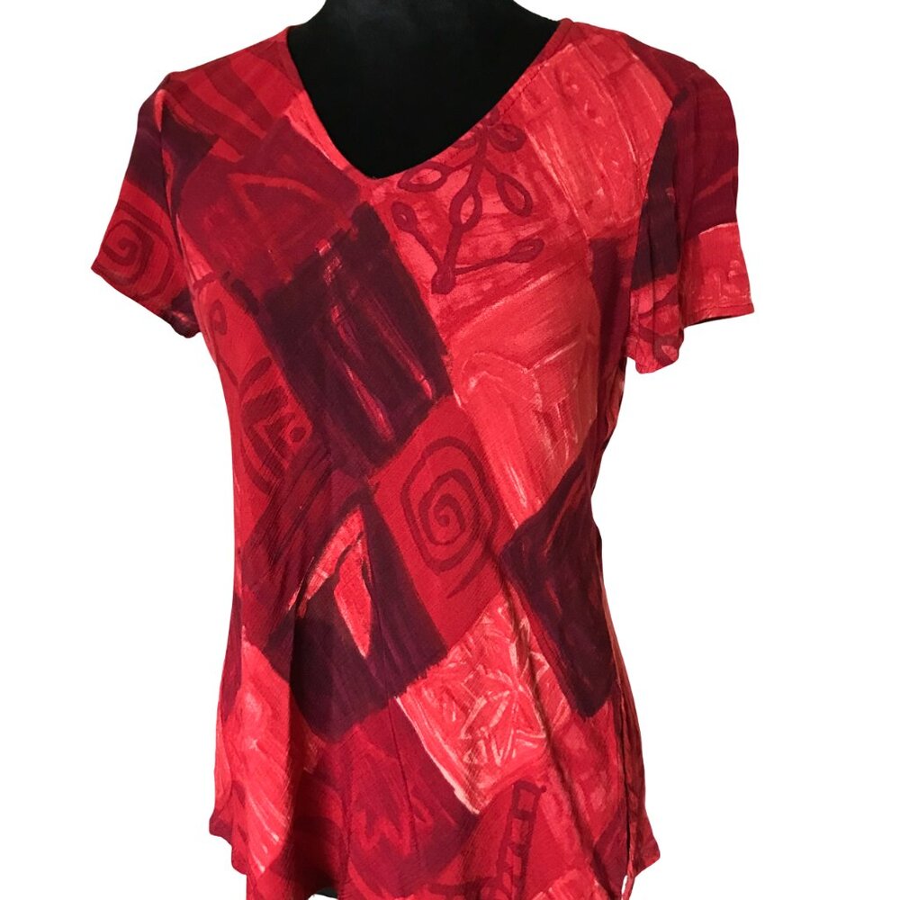 Benjamin A. Geometric Crepe Blouse, Vintage Red Floral Close-Fit Top Size 12